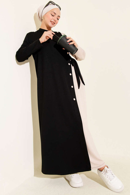 Buttoned Side-Tied Crew Neck Dress Black