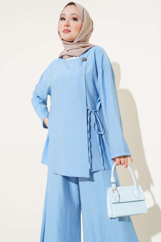 Düğmeli Yandan Bağlamalı İkili Takım Bebe Mavi