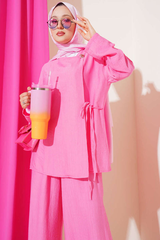 Buttoned Side Tie Two Piece Suit Pink