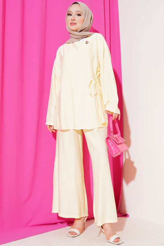 Buttoned Side Tie Two Piece Suit Yellow