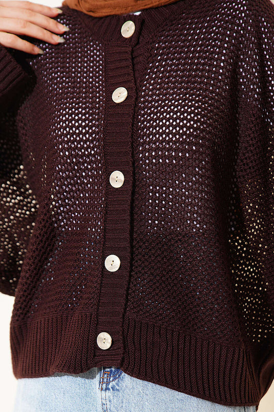 Cardigan court ajouré à manches chauve-souris avec boutons, couleur café