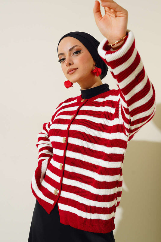 Buttoned Horizontal Striped Knit Cardigan Red