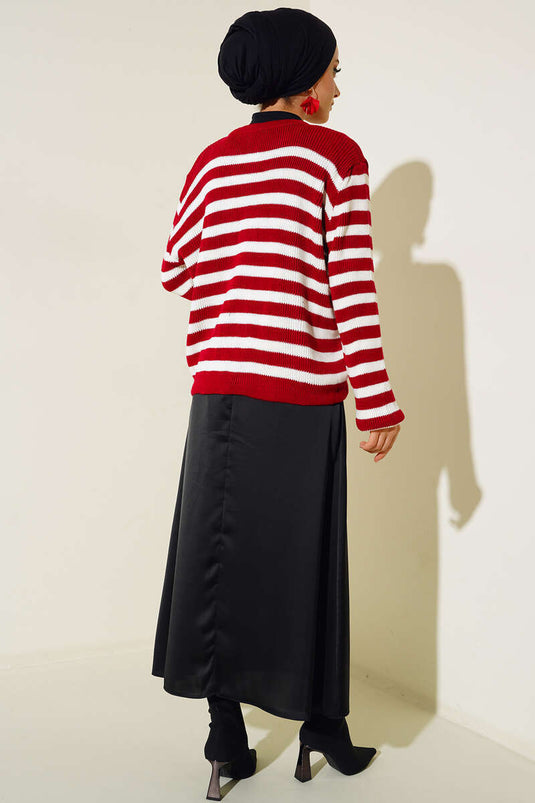 Buttoned Horizontal Striped Knit Cardigan Red