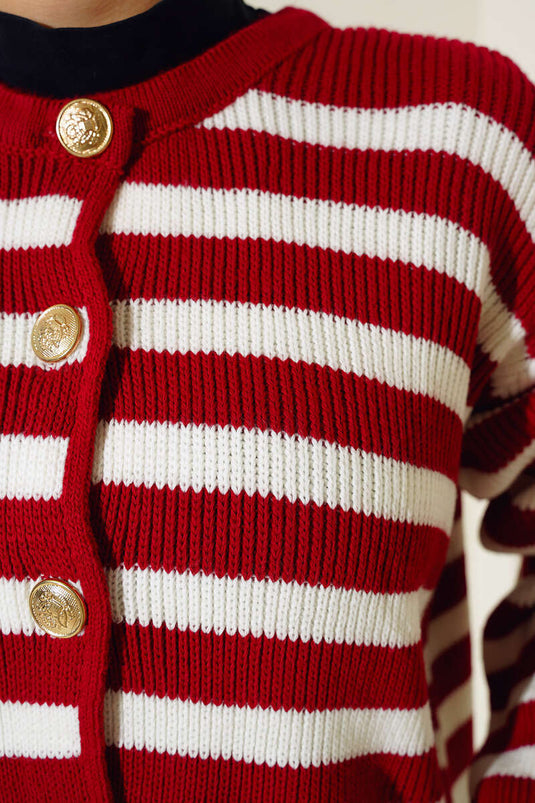 Buttoned Horizontal Striped Knit Cardigan Red