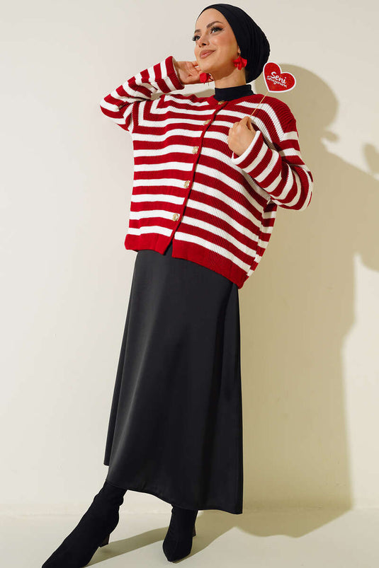 Buttoned Horizontal Striped Knit Cardigan Red