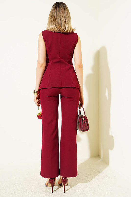 Ensemble pantalon avec gilet boutonné bordeaux