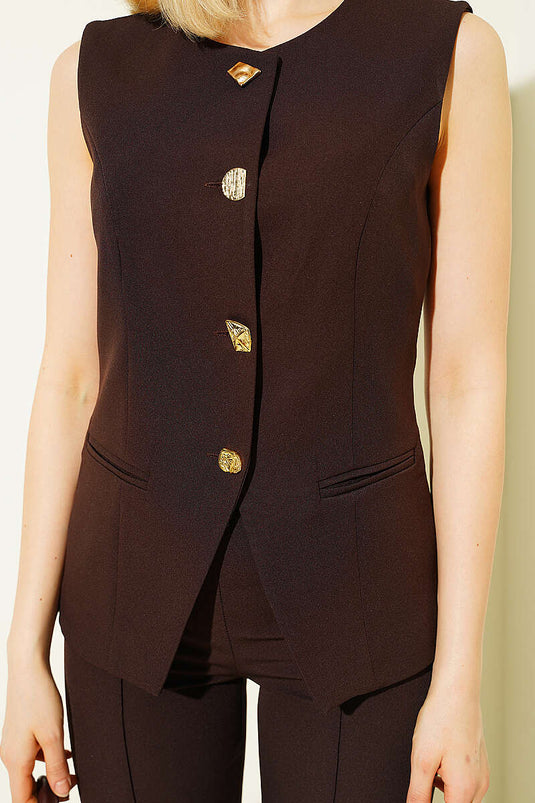 Ensemble pantalon avec gilet boutonné marron