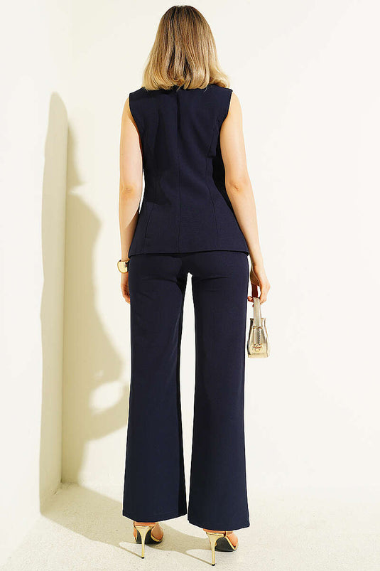 Buttoned Vest and Pants Set Navy Blue