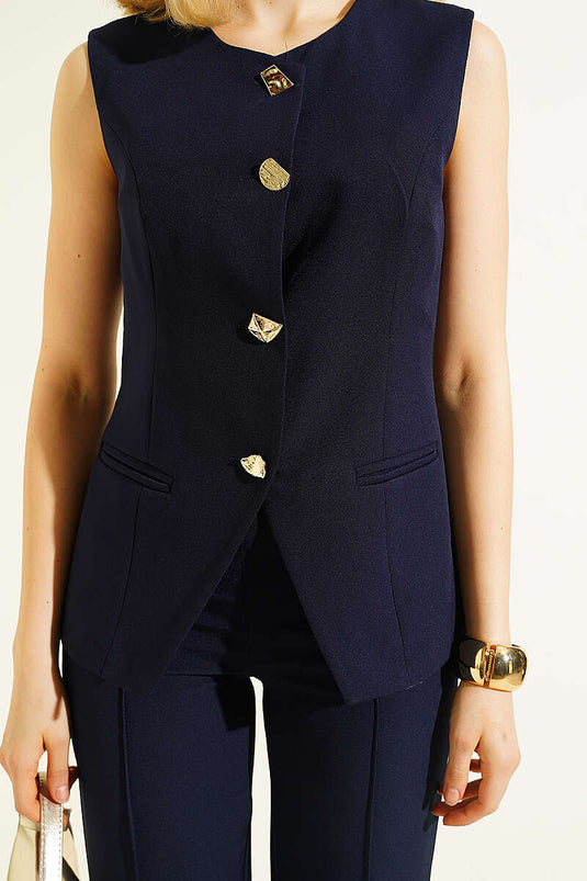 Buttoned Vest and Pants Set Navy Blue