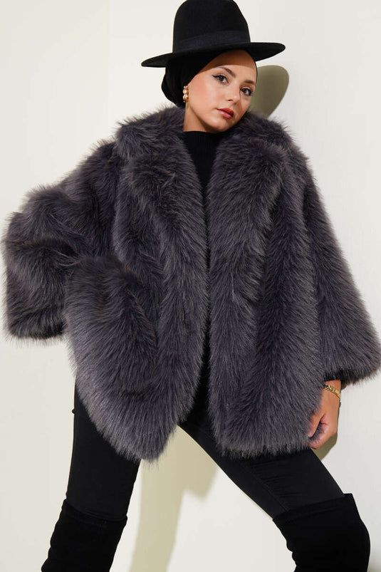 معطف فرو دخاني مبطن بدون أزرار