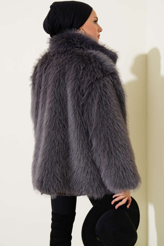 معطف فرو دخاني مبطن بدون أزرار