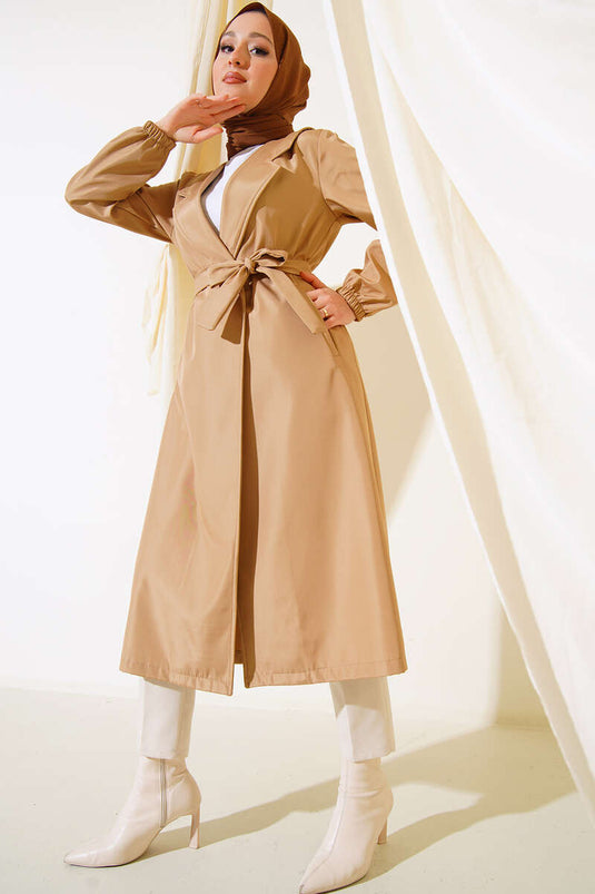 Trench-Coat Ceinturé Modèle Sans Boutons Camel