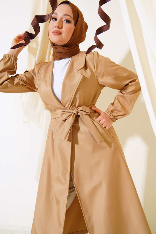 Trench-Coat Ceinturé Modèle Sans Boutons Camel