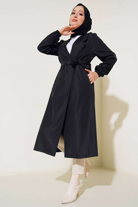 Trench-Coat Ceinturé Modèle Sans Boutons Noir