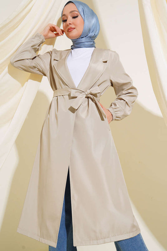 Trench-Coat Ceinturé Modèle Sans Boutons Stone