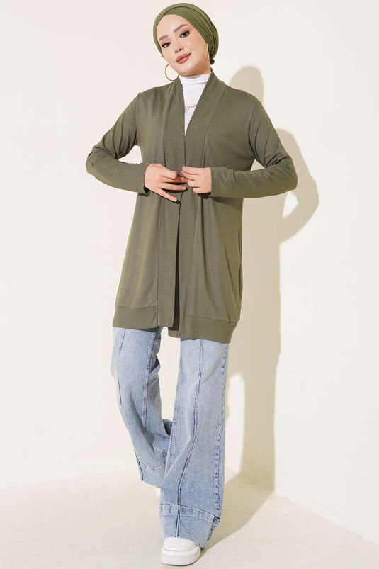 Cardigan Largo Senza Bottoni Verde Oliva