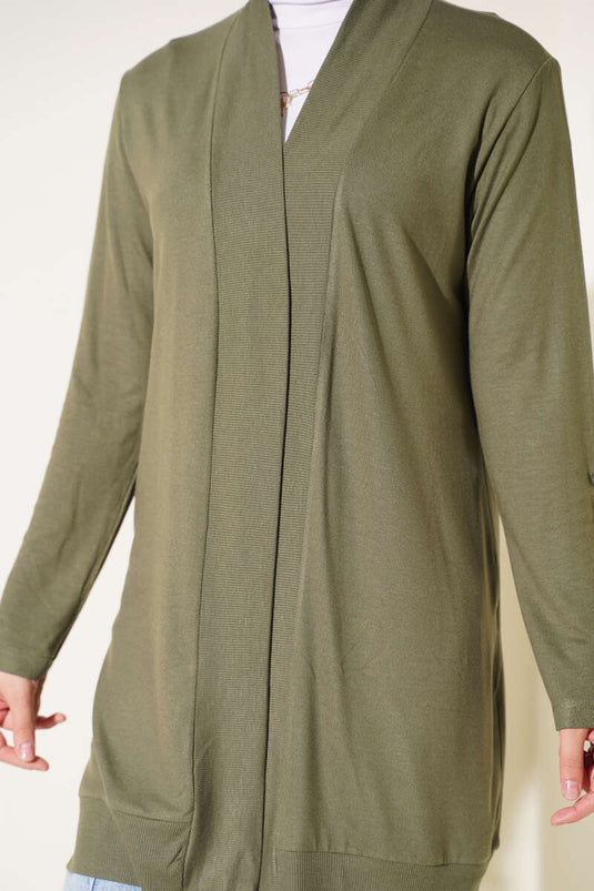 Cardigan Largo Senza Bottoni Verde Oliva