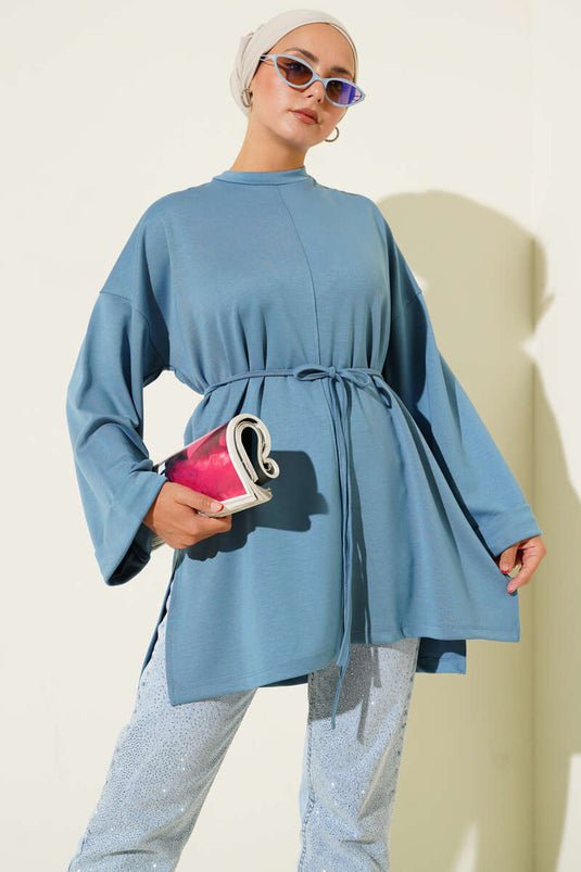 تونيك منخفض الأكمام مزدوج اللون نيلي