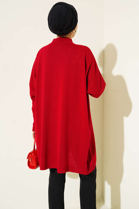 Tunique En Maille Rouge À Manches Longues Et Détail Décolleté