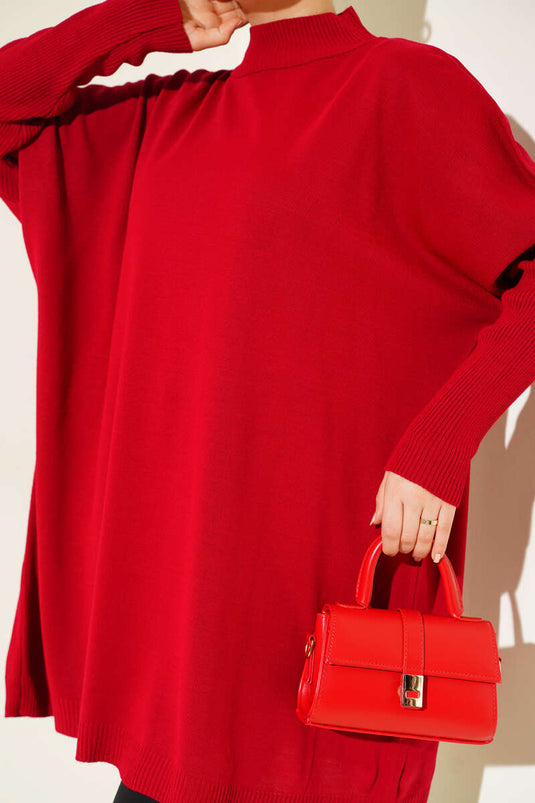Tunique En Maille Rouge À Manches Longues Et Détail Décolleté