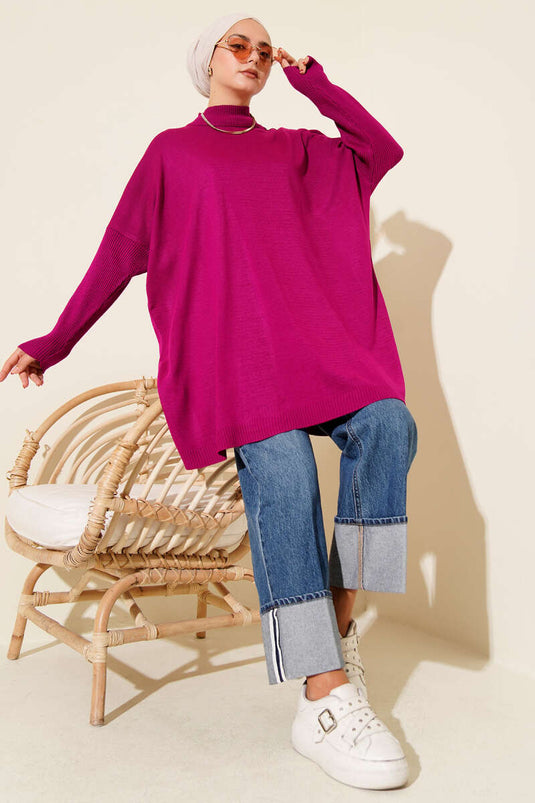 Tunique tricotée à manches courtes, violette