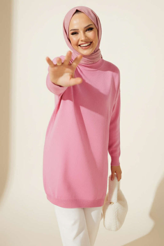 Tunique rose tricotée avec détails de manches tombantes