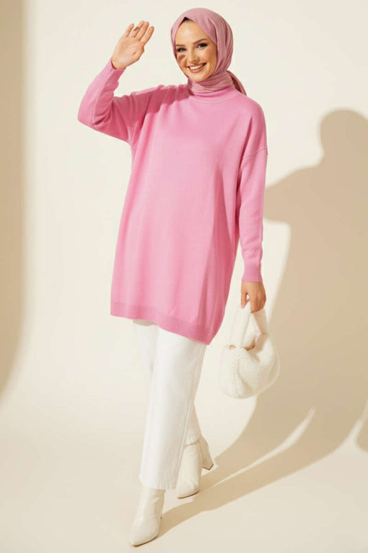 Tunique rose tricotée avec détails de manches tombantes
