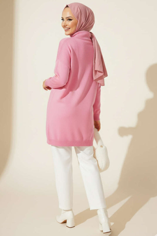Tunique rose tricotée avec détails de manches tombantes