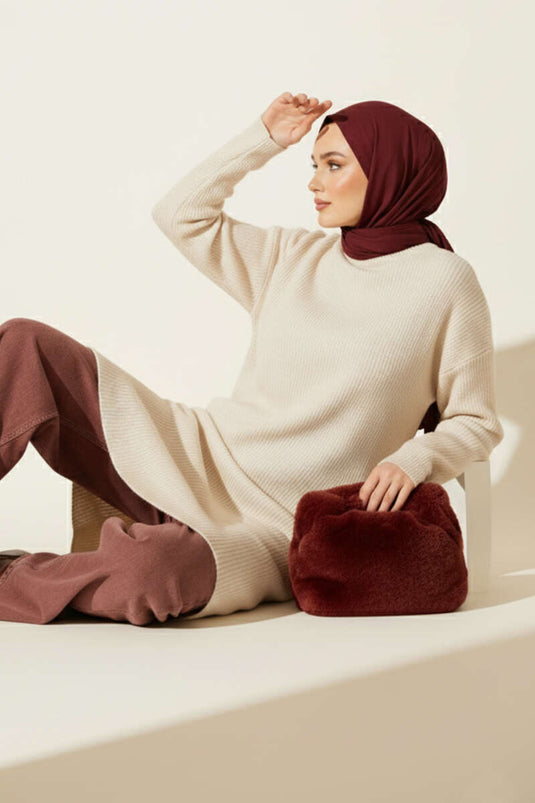 Stricktunika mit überschnittenen Ärmeln in Steinfarbe