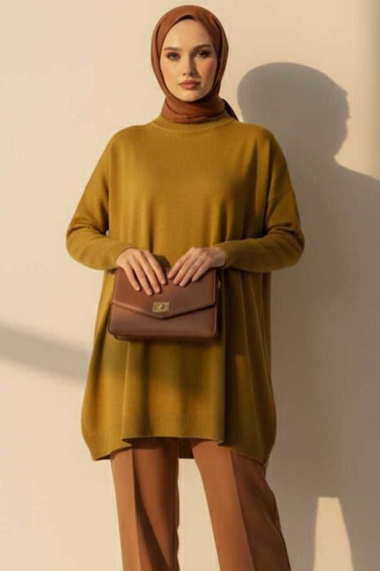 Tunique En Maille À Manches Longues Vert Olive Avec Détails
