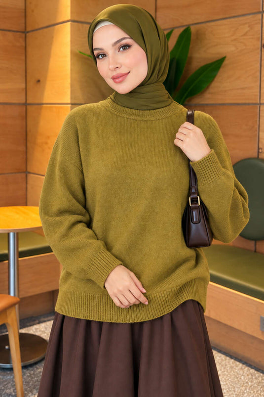 Pull En Maille Côtelé À Manches Basses Vert Olive