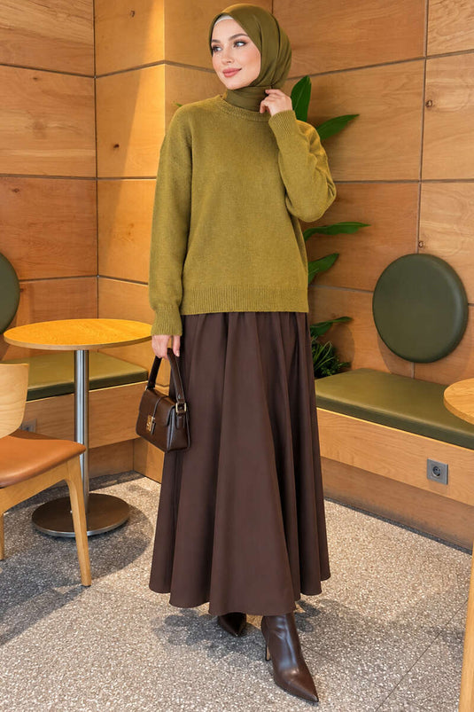 Pull En Maille Côtelé À Manches Basses Vert Olive