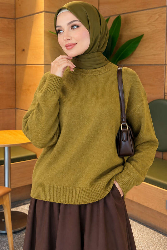 Pull En Maille Côtelé À Manches Basses Vert Olive