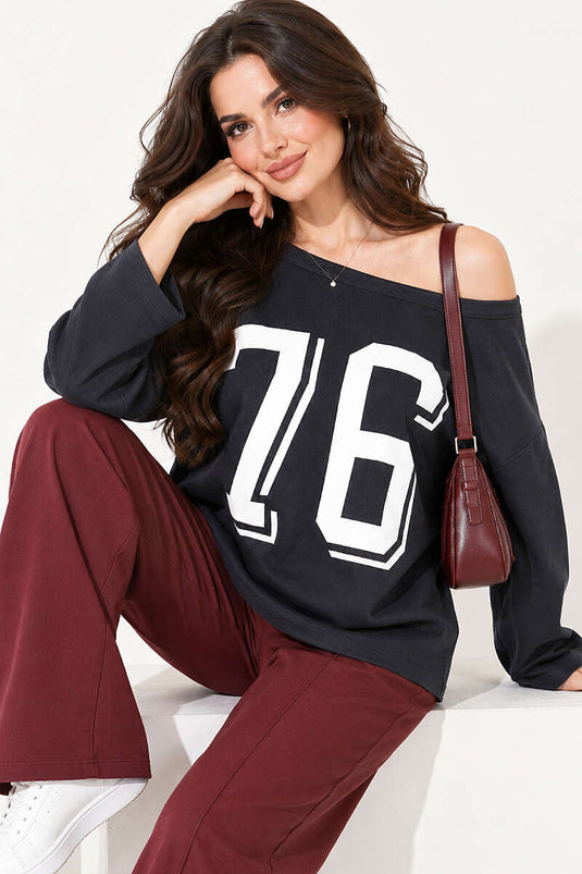 Düşük Omuz Baskılı Sweatshirt Füme