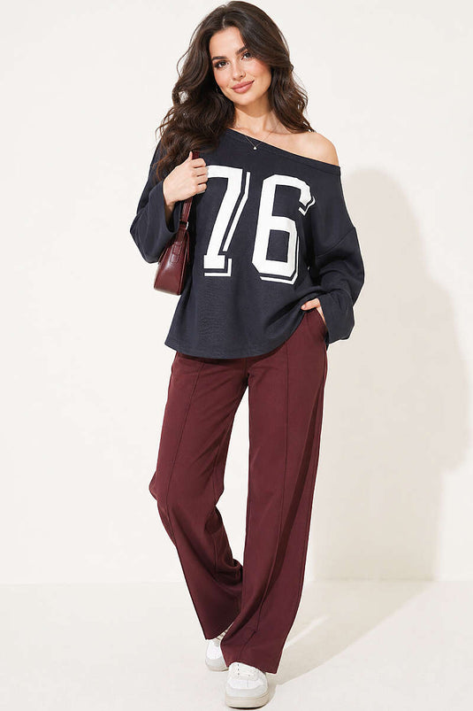 Düşük Omuz Baskılı Sweatshirt Füme