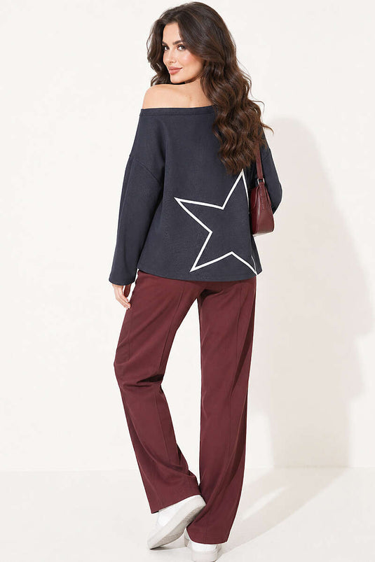 Düşük Omuz Baskılı Sweatshirt Füme