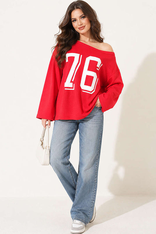 Düşük Omuz Baskılı Sweatshirt Kırmızı