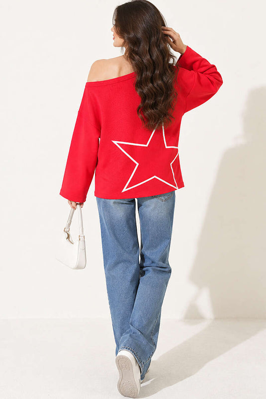 Düşük Omuz Baskılı Sweatshirt Kırmızı