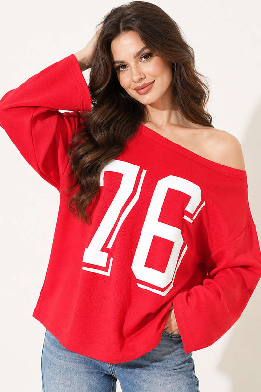 Düşük Omuz Baskılı Sweatshirt Kırmızı