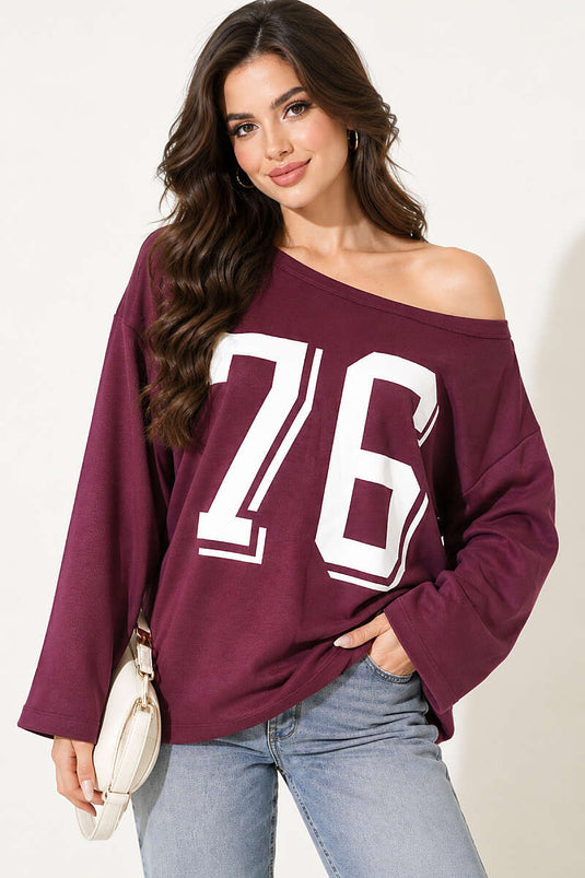 Düşük Omuz Baskılı Sweatshirt Mürdüm