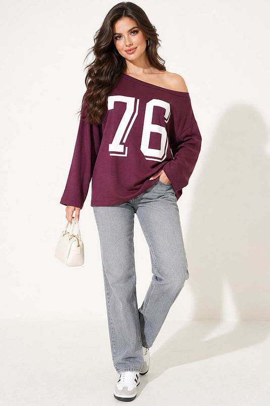 Düşük Omuz Baskılı Sweatshirt Mürdüm