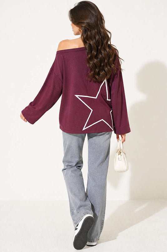 Düşük Omuz Baskılı Sweatshirt Mürdüm