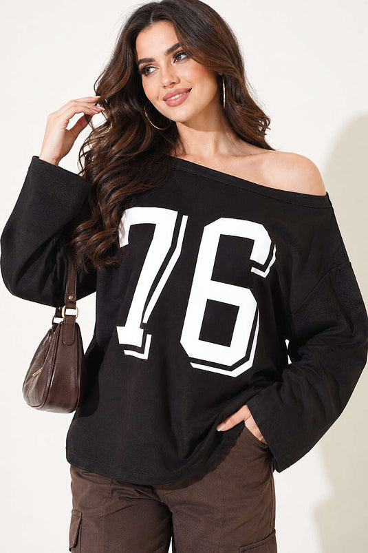 Düşük Omuz Baskılı Sweatshirt Siyah