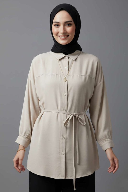 Chemise en modal à épaules tombantes avec ceinture à cordon, couleur pierre