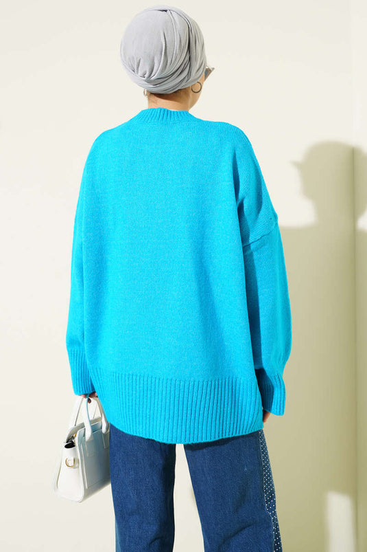 Off-Shoulder Loose Knit Tunic Turquoise