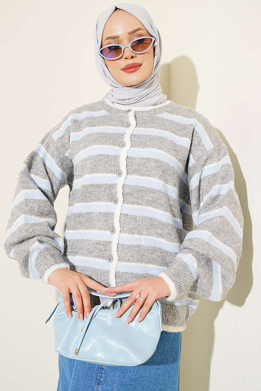 Cardigan A Righe Con Spalle Scoperte Grigio Blu