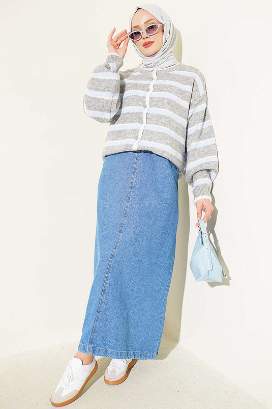 Cardigan A Righe Con Spalle Scoperte Grigio Blu