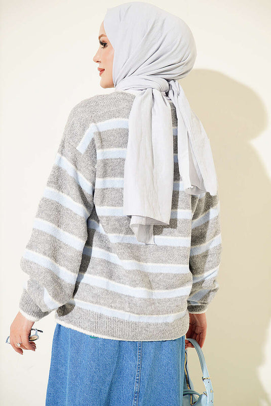 Cardigan A Righe Con Spalle Scoperte Grigio Blu