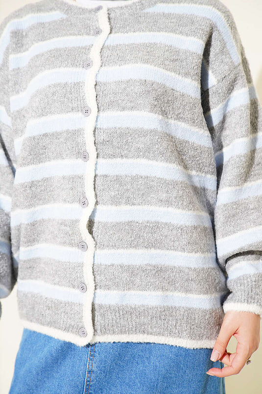 Cardigan A Righe Con Spalle Scoperte Grigio Blu