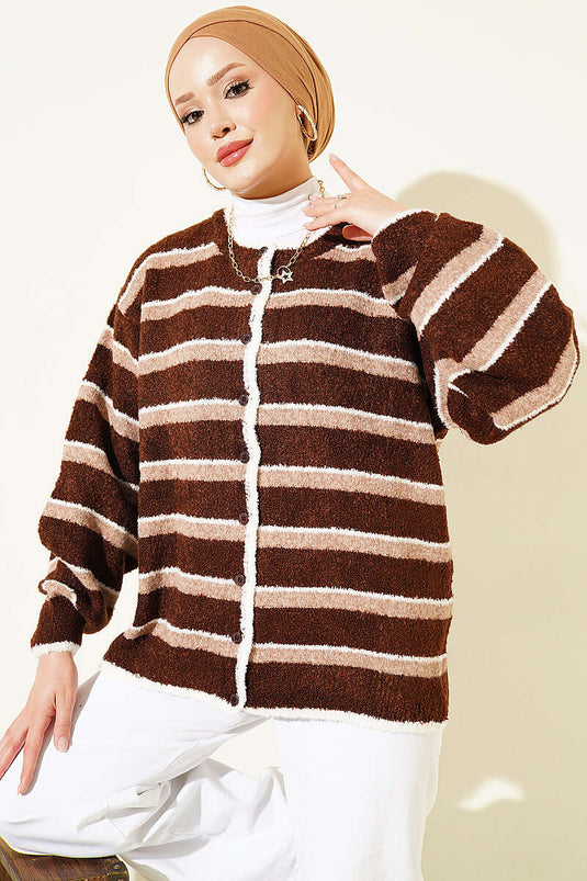 Cardigan A Righe Con Spalle Scoperte In Marrone E Beige